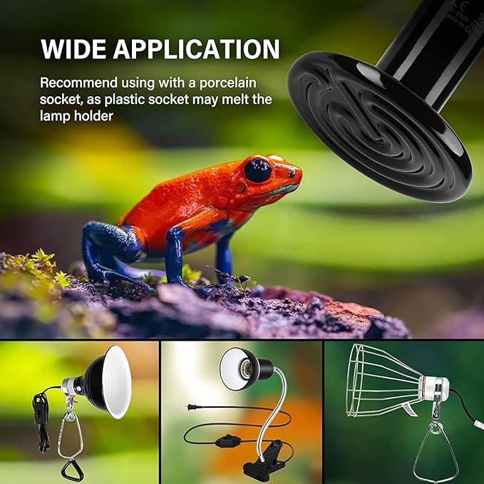 HealSmart Reptile Heat Lamp 100W 2-Pack Ceramic Heat Emitter, No Light Emitting Heat Bulbs for Amphibian Pet Brooder Coop Incubating Chicken, Lizard Bearded Dragon Turtle Snake Terrarium Black