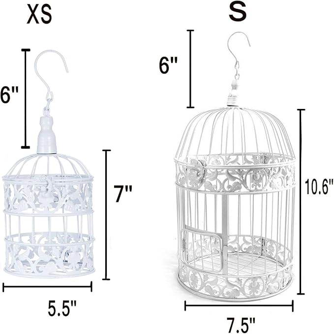 PET SHOW Pack of 2 Round Birdcages Decor Metal Wall Hanging Bird Cage for Small Birds Wedding Party Indoor Outdoor Decoration 9.8INCH and 13.8INCH Color Black White (White)