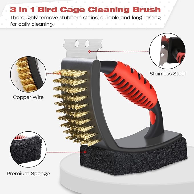 Bonaweite Bird Cage Cleaner, Stainless Steel Triangle Brush Set, Multi-Function Copper Bristle, Lightweight & Durable, Includes Cleaning Brush, Red