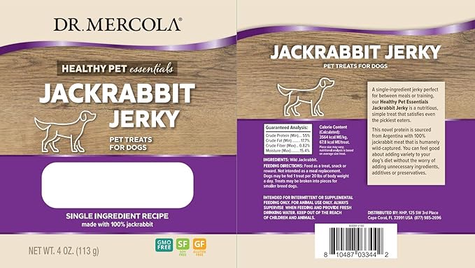 Dr. Mercola Jackrabbit Jerky for Dogs, 4 oz. (113g), Made with Wild Jackrabbit, non GMO, Gluten Free, Soy Free