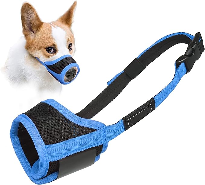 LUCKYPAW Dog Muzzle Anti Biting Barking and Chewing with Comfortable Mesh Soft Fabric and Adjustable Strap, Suitable for Small, Medium and Large Dogs(Blue Trim,XS)