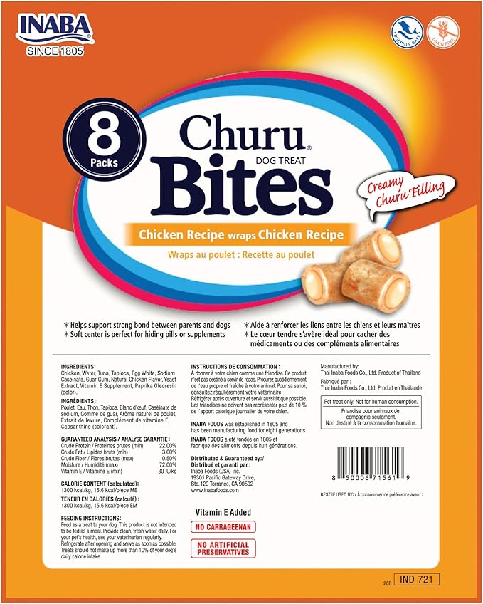 INABA Churu Bites for Dogs, Grain-Free, Soft/Chewy Baked Chicken Wrapped Churu Filled Dog Treats with Vitamin E, 0.42 Ounces Each Tube|64 Tubes Total (Pack of 8), Chicken Recipe