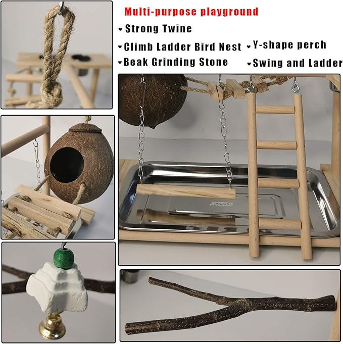 Parrots Playground Bird Play Stand Natural Wood Perch Gym Parakeet Nest Climb Swing Ladders with Feeder Cups Ladders Lovebirds Cage Accessories Toy Exercise Activity for Conure Cockatiel Lovebirds