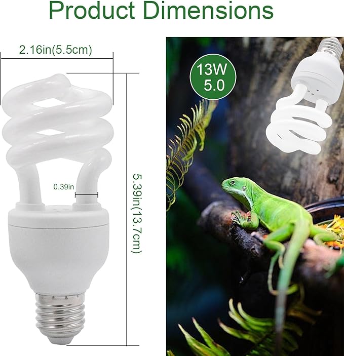 UVB Reptile Light Bulb 5.0 13W, UVA-UVB Bulbs for Reptiles Ideal for Rainforest Reptiles Bearded Dragons Lizard Tortoise Iguanas Chameleons Snake - 2 Pack