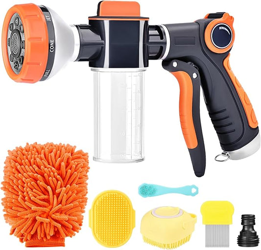 Pup Jet Dog Wash, 8 Way Spray Pattern Garden Hose Nozzle with Soap Dispenser, Dog Wash Supplies with 2 type Dog Bath Brush, Dog Comb and Toothbursh, Car Wash Mitt for Washing Cars & Pets