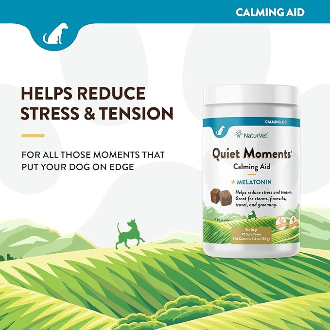 NaturVet Quiet Moments Calming Aid Dog Supplement – Helps Promote Relaxation, Reduce Stress, Storm Anxiety, Fireworks, Motion Sickness for Dogs – Tasty Pet Soft Chews with Melatonin – 70 Ct.