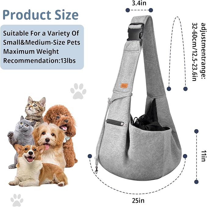 CUBY Dog and Cat Sling Carrier - Small Dog Carrier Sling with Adjust Strap & Zip Pocket, Hands Free Soft Dog Slings for Small Dogs Cats Puppy Pets Outdoor Travel Safety Purse Bag (Silver Grey)