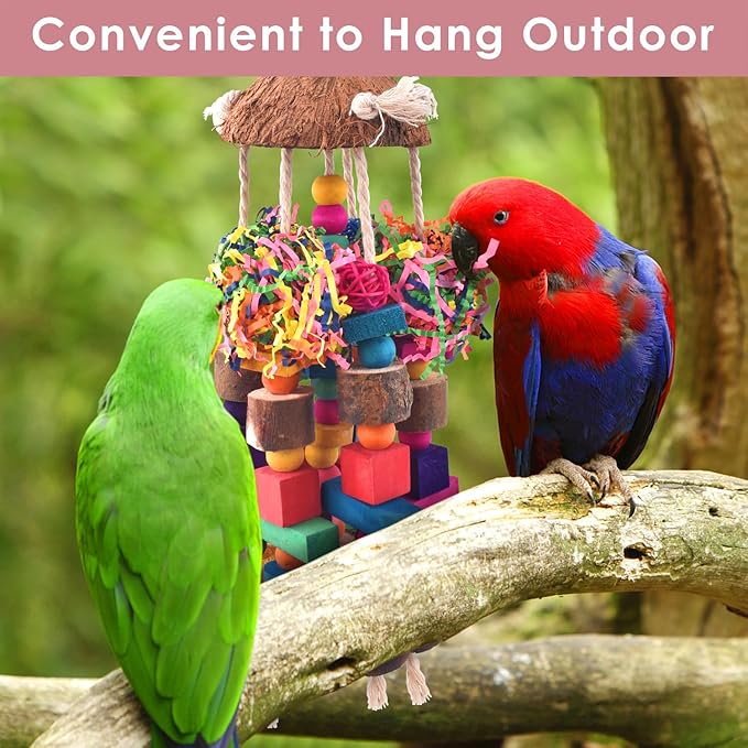 KATUMO Parrot Toys, Large Bird Chew Toys Medium Parrot Cage Accessory Colorful Wood Block Toys for Medium to Large Birds Macaws African Greys Cockatoos Amazon Parrots