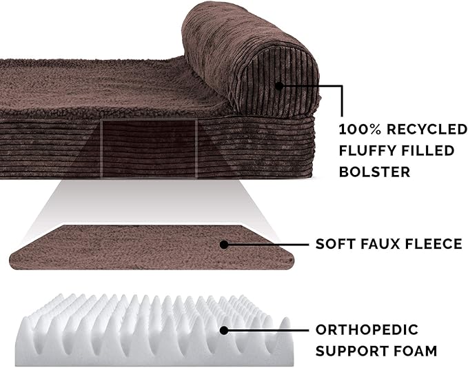 Furhaven Orthopedic Dog Bed for Small Dogs w/ Removable Bolster & Washable Cover, For Dogs Up to 20 lbs - Fleece & Corduroy Bolster Chaise - Dark Espresso, Small