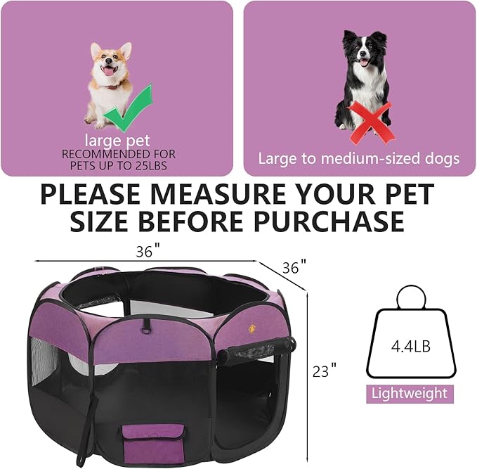 Pet Puppy Dog Playpen, kitten Playpen Indoor/Outdoor, Portable Dog Play Pen Tent Crates Cage for Medium Dog and Cat, Foldable Pop Up Dog Kennel Playpen with Waterproof Bottom & Top Cover, Purple