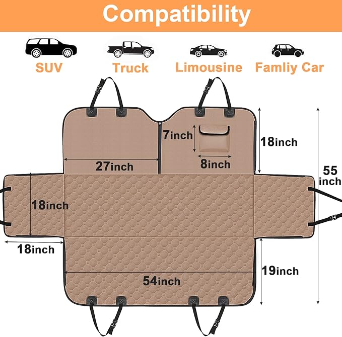 Mancro Dog Car Seat Cover for Back Seat, Waterproof Car Seat Protector for Dogs with Side Flaps, Scratchproof Dog Backseat Cover, Nonslip Dog Hammock for Sedans, SUVs, Standard, Khaki