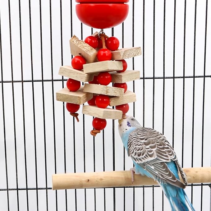 Bird Parrot Toys with Wood Blocks Beads and Colorful Ball, Tomato Style Hanging Parrots Cage Chewing Cascade Bite Toy for Small Medium Birds (Tomato-1p)