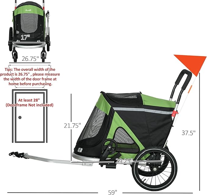 Aosom 2 in 1 Bike Trailer, Foldable Dog Bike Stroller with Aluminum Frame, Quick Release Wheels, Safety Leash, Anti-Slip Mat, Hitch Coupler, Reflectors, Flag for Medium Dogs