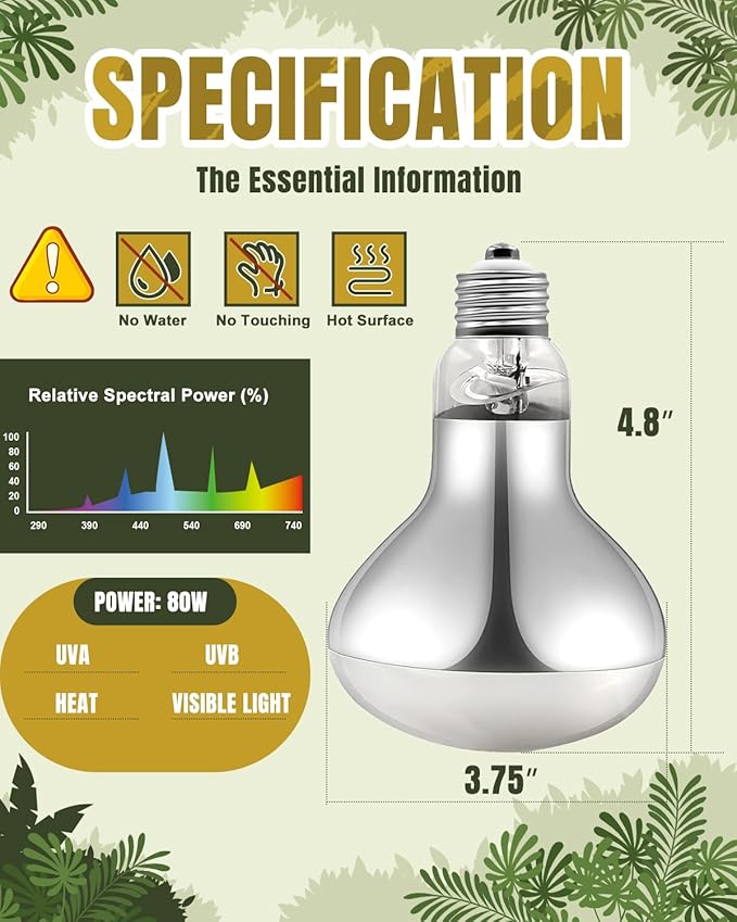 Heat Lamp Bulbs, 80 Watt Reptile Heat Bulb, Full Spectrum UVA UVB Light Bulb, Natural Daylight, Basking Spot Light, Sun Light for Reptile and Amphibian, 1 Pack