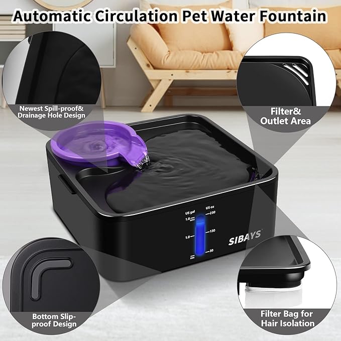 SIBAYS 230OZ 1.8GAL 7L Dog Water Fountain for Large Dogs, Medium Dogs and Cats Automaticlly Super Quiet,Pet Water Fountain for Cats,5 Layer Filter, Visible Water Reminder BPA-Free Material