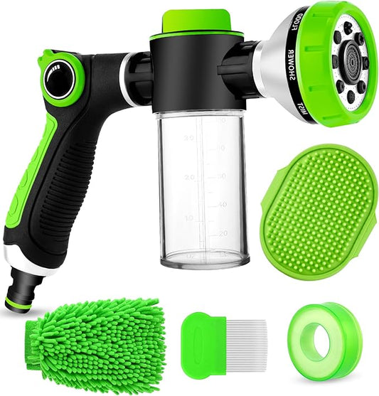 Upgrade Pup Jet Dog Wash for Outdoor, Dog Shampoo Hose Attachment with Soap Dispenser, Dog Wash Hose Attachment with Pet Bath Brush Car Wash Mitt and Dog Comb for Showering Pet (Hose Not Include)