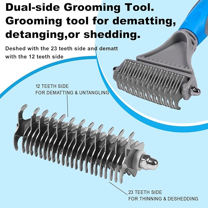 Pet Grooming Brush, Double Sided Undercoat Rake for Dogs & Cats, Professional Deshedding Brush and Dematting Tool, Safe and Effective Removing Knots, Mats, Tangles,and Flying Hair