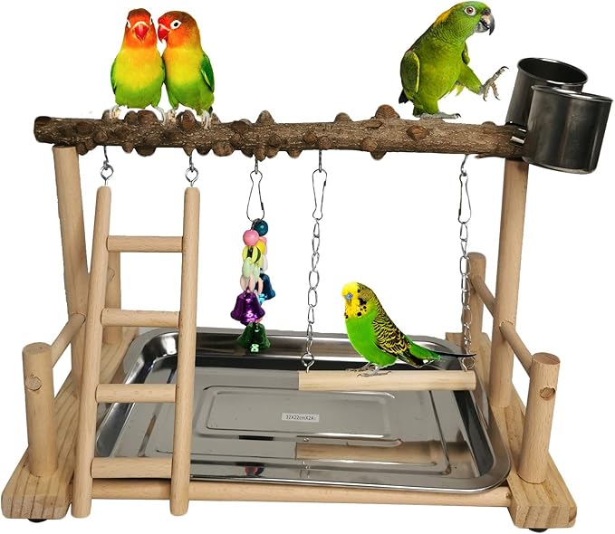 Hamiledyi Parrot Playground Bird Playstand Wood Exercise Play Perch Exercise Gym with Feeder Cups Toys Cockatiel with Ladder Hanging Swing for Pet Conure Lovebirds Life Activity Center Training Stand