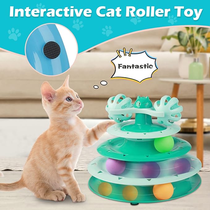 UPSKY Cat Toy Roller 4-Level Turntable Cat Toy Balls with Three Colorful Balls and Bell Ball X Turntable Interactive Kitten Fun Mental Physical Exercise Puzzle Toys.