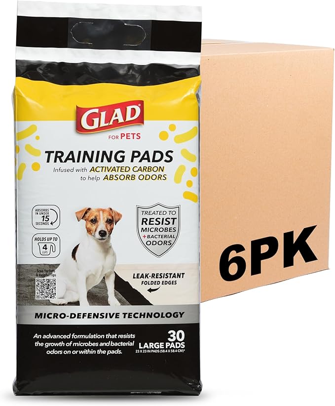 Glad for Pets Activated Carbon Puppy Training Pads with Anti-Microbial Technology, 23"x23" | Ultra Absorbent, Odor Control, Heavy Duty Puppy Potty Training Pads, 30ct - 6 Pack