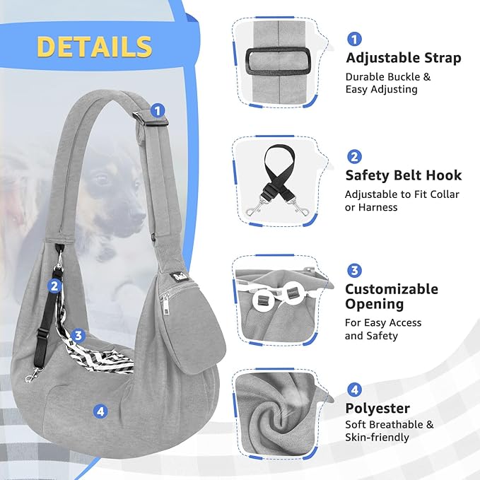 SlowTon Dog Carrier Sling - Thick Padded Adjustable Shoulder Strap Dog Carriers for Small Dogs, Puppy Carrier Purse for Pet Cat with Front Zipper Pocket Safety Belt Machine Washable (Grey Knitted, L)