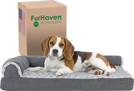 Furhaven Cooling Gel Dog Bed for Medium/Small Dogs w/ Removable Bolsters & Washable Cover, For Dogs Up to 35 lbs - Two-Tone Plush Faux Fur & Suede L Shaped Chaise - Stone Gray, Medium