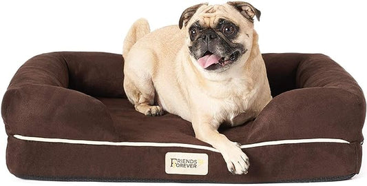 Friends Forever Small Dog Bed, Orthopedic Dog Sofa Memory Foam Mattress, Calming Dog Couch Bed, Wall Rim Pillow, Water Resistant Liner, Washable Cover, Non-Slip Bottom, Chester, Small Cocoa Brown