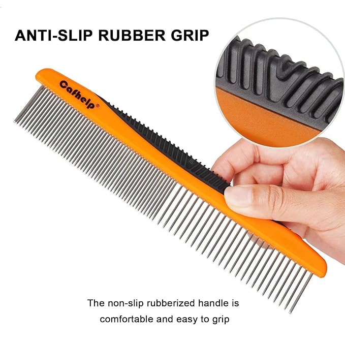 Metal Dog Comb, Cat Comb with Rounded and Smooth Ends Stainless Steel Teeth and NonSlip Grip Handle, Professional Dog Grooming Tools for Removes Tangles and Knots, Greyhound Comb, Pet Comb