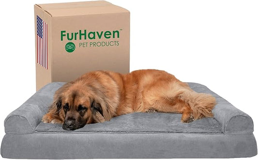 Furhaven Orthopedic Dog Bed for Large Dogs w/ Removable Bolsters & Washable Cover, For Dogs Up to 125 lbs - Plush & Suede Sofa - Gray, Jumbo Plus/XXL