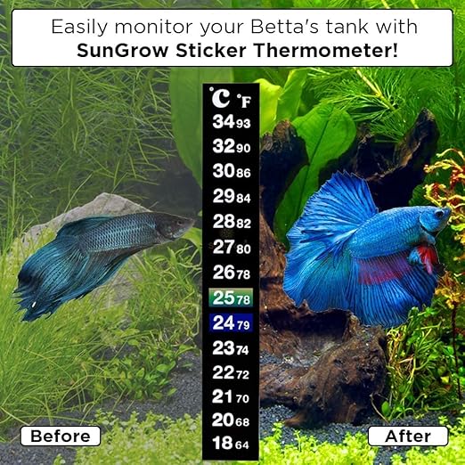 SunGrow Betta Fish Tank Thermometer Stick On, Aquarium Temperature Sticker Strip, 5.2 x 0.7 Inches, Green & Blue Temperature Indicator, Amphibian and Reptile Thermometer Sticker, Black, 3 Pcs