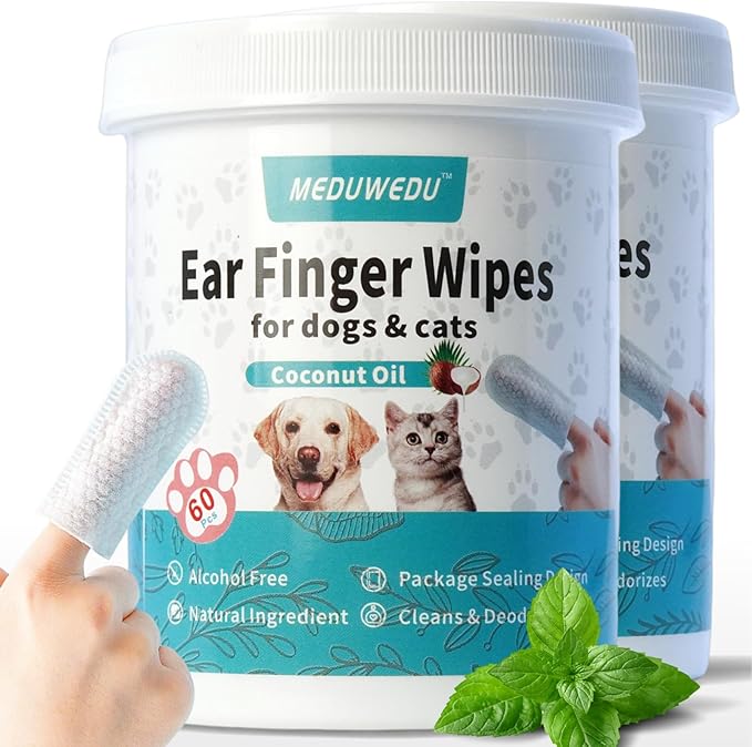 Ear Cleaner Finger Wipes 120 Counts, Dog Ear Cleaner, Grooming Kit Care for Dogs and Cats, Soft & Easy Otic Cleaning Pads, Remove Wax, Dirt & Stop Smelly, Itchy, Non-Irritating, Mint Scent