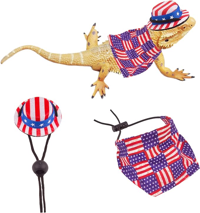 ADOGGYGO American Flag Bearded Dragon Hat Cloak USA Flag Lizard Patriotic Hat Cape Set, 4th of July Bearded Dragon Costume Accessories (4th of July)