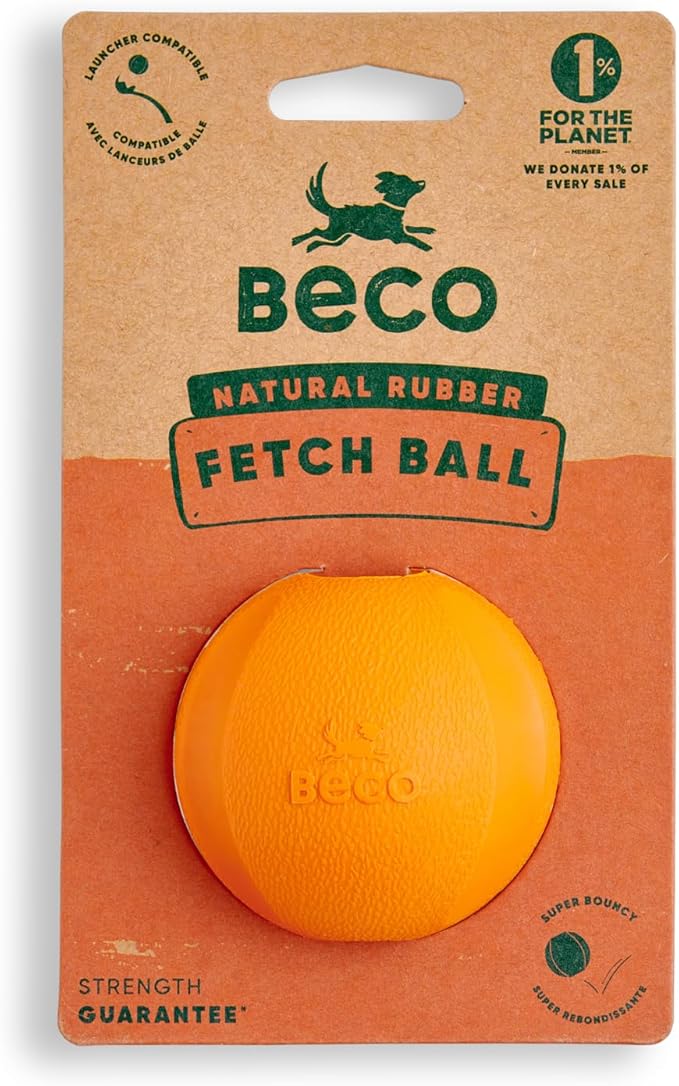 Beco Natural Rubber Outdoor Bouncy Play Ball for Dogs & Puppies, Fetch & Launcher Compatible, Bright Visible Orange