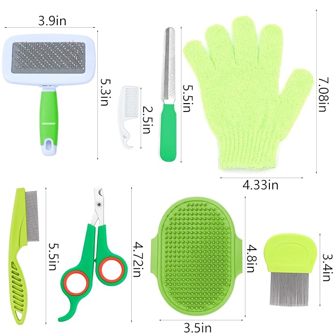 8 Pcs Small Animal Pink Grooming Kit, Rabbit Grooming Kit with Pet Nail Clipper and File, Flea Comb, Pet Shampoo Bath Brush , Pet Shedding Slicker Brush, Bath Massage Glove, Cleaning Comb (Green)