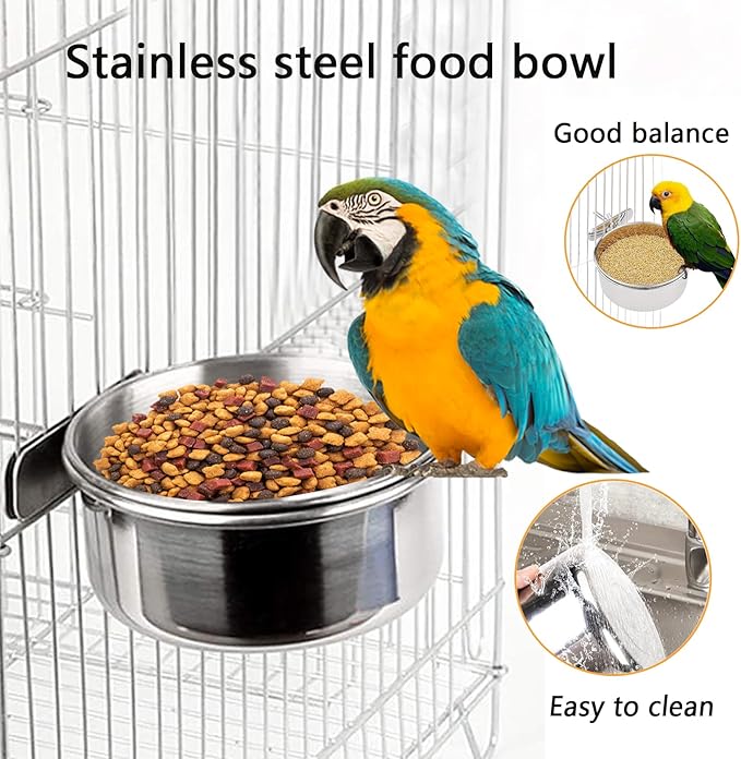 2 Packs Stainless Steel Bird Bowls with Clamp Holder, Bird Feeding Dish Cups Parrot Food Bowl Cage Small Pet Hanging Food Water Bowl for Parakeet Cat Rabbit Cockatiel Lovebirds Small Animal