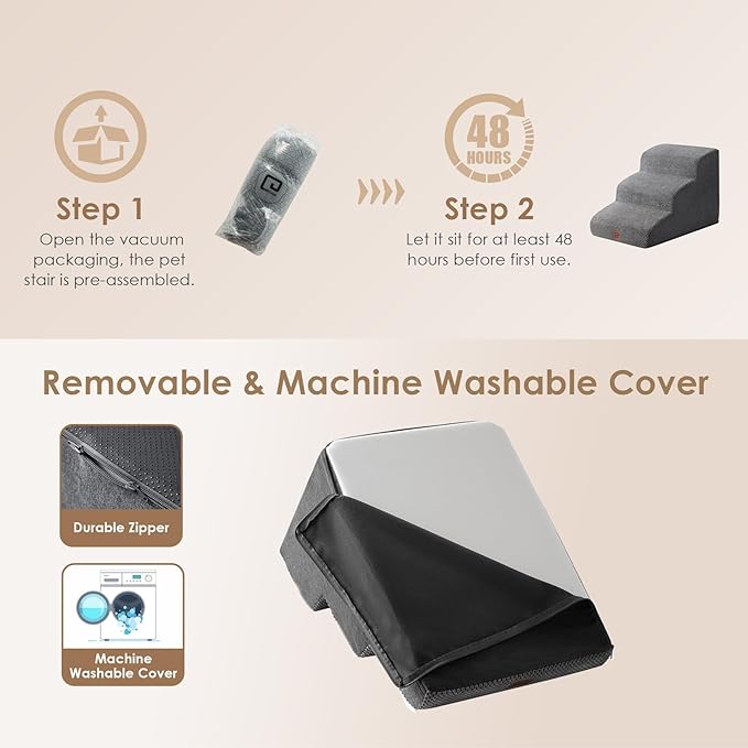 EHEYCIGA Curved Dog Stairs for Small Dogs 15.7" H, 3-Step Dog Steps for Couch Sofa and Chair, Pet Stairs for Cats, Non-Slip Balanced Pet Steps Indoor, Grey