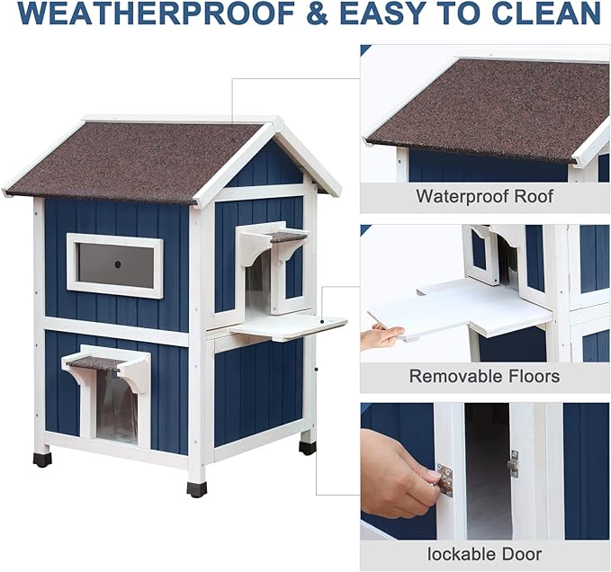 HiCaptain Weatherproof Cat House for Outdoor, 2 Story Feral Cat House with Balcony and Escape Door, Outside Wooden Pet Shelter for Small Animal-Blue
