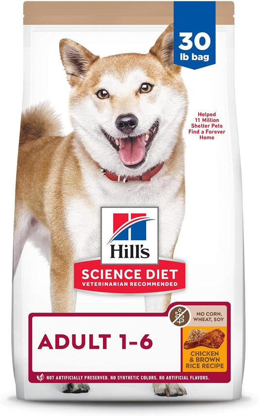 Hill's Science Diet Adult 1-6, Adult 1-6 Premium Nutrition, Dry Dog Food, No Corn, Wheat, Soy Chicken & Brown Rice, 30 lb Bag