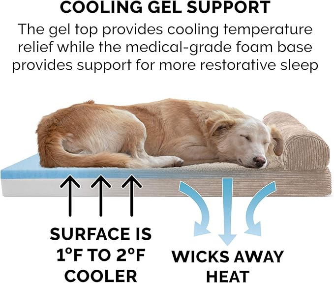 Furhaven Cooling Gel Dog Bed for Large Dogs w/ Removable Bolster & Washable Cover, For Dogs Up to 125 lbs - Fleece & Corduroy Bolster Chaise - Sandstone, Jumbo Plus/XXL