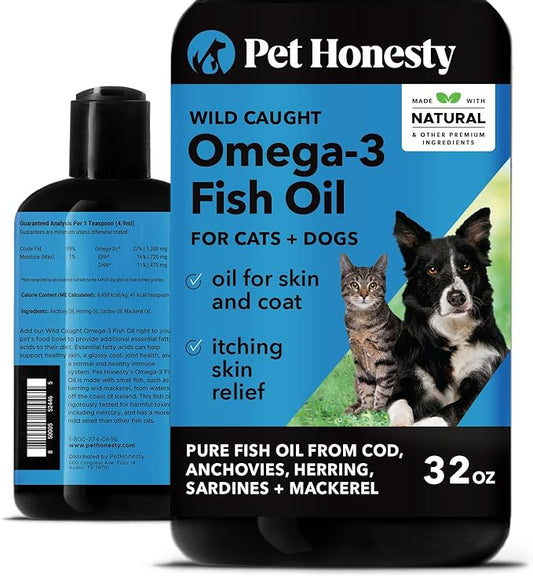 PetHonesty Omega 3 Fish Oil Supplement for Dogs & Cats (32oz), Wild Caught Omega 3 Fish Oil for Skin and Coat Health, Supports Shedding, Skin & Coat, Immunity, Joint, Brain & Heart, EPA + DHA