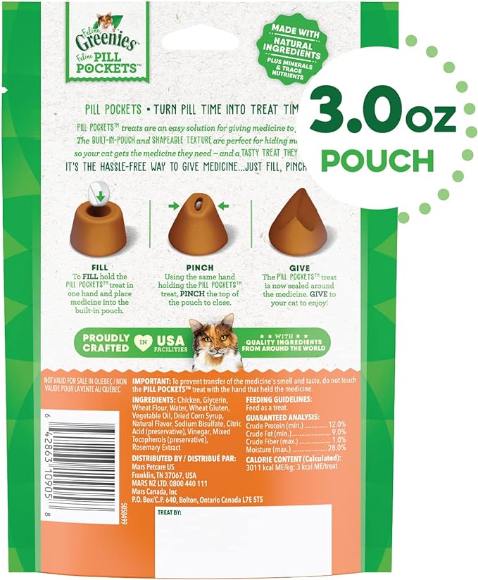 Greenies Feline Pill Pockets for Cats Natural Soft Cat Treats, Chicken Flavor, 3 oz. Pack (85 Treats)