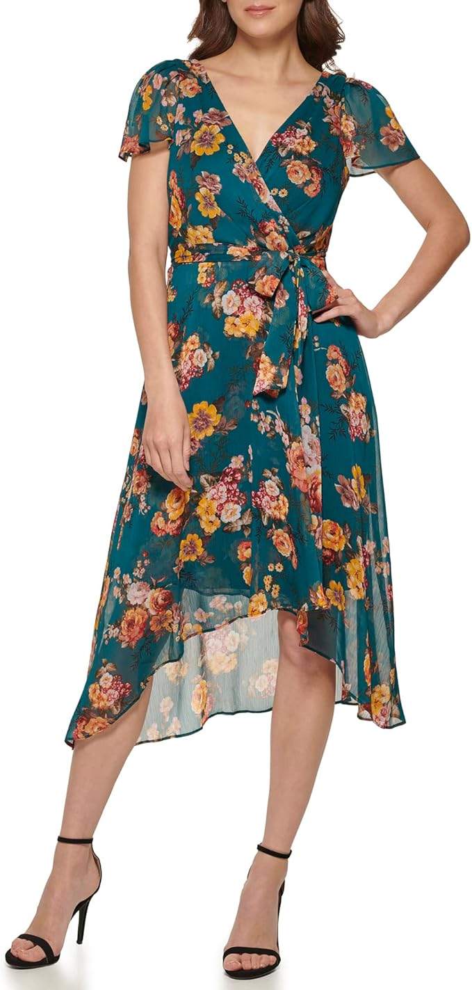DKNY Women's Short Sleeve Asymmetrical Hem Faux Wrap Dress