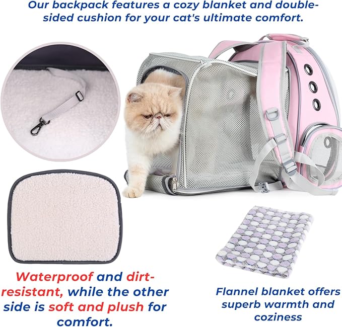 LOLLIMEOW Pet Carrier Backpack, Bubble Backpack Carrier, Cats and Puppies,Airline-Approved, Designed for Travel, Hiking, Walking & Outdoor Use (Dual Expandable-Pink)