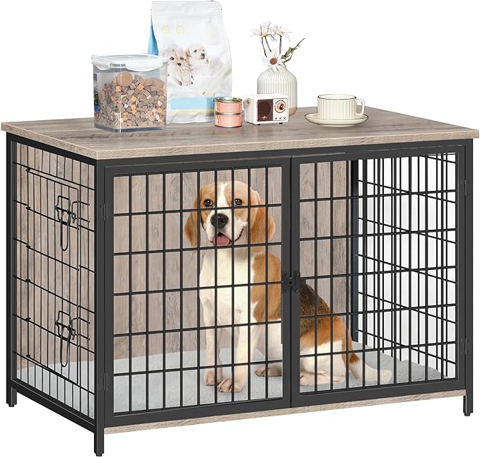 Dog Crate Furniture with Cushion, Wooden Dog Kennel with Double Doors, Heavy Duty Dog Cage for Small/Medium/Large Dogs, Indoor Dog House End Table, 39.4" L, Greige DCHG10701