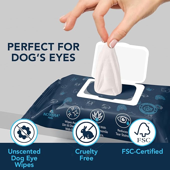 NOVEHA 100 Dog Eye Wipes - Plant-Based Eye Wipes for Dogs - Formulated to Remove Eye Debris, Tear Stains & Eye Discharge - Safe, Convenient, and Large Unscented Wipes - (100 Count)