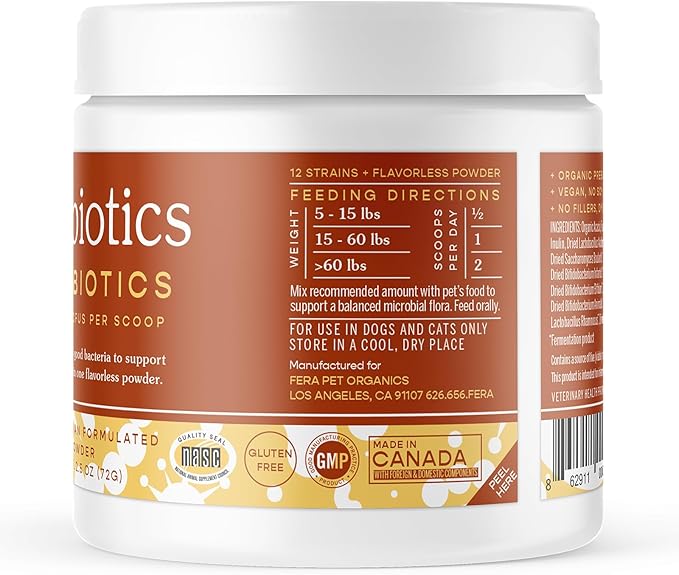 Fera Pets Organic Probiotics for Dogs & Cats - Vet Created - Cat & Dog Probiotic Supplement - 12 Strains & Prebiotics for Pet’s Digestion - 60 Scoops