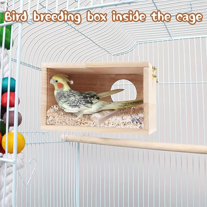 Parakeet Nesting Box Transparent Bird House for Cage Natural Wood Breeding Box for Parrot Parakeet Cockatiel Lovebirds Budgie Conure and Other Small Birds