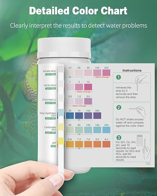 Pawfly 6 in 1 Aquarium Test Strips, 100 Strips Fish Tank Testing Strips for pH Chlorine Nitrate Nitrite Carbonate and Hardness Water Quality Freshwater Saltwater Test Kits