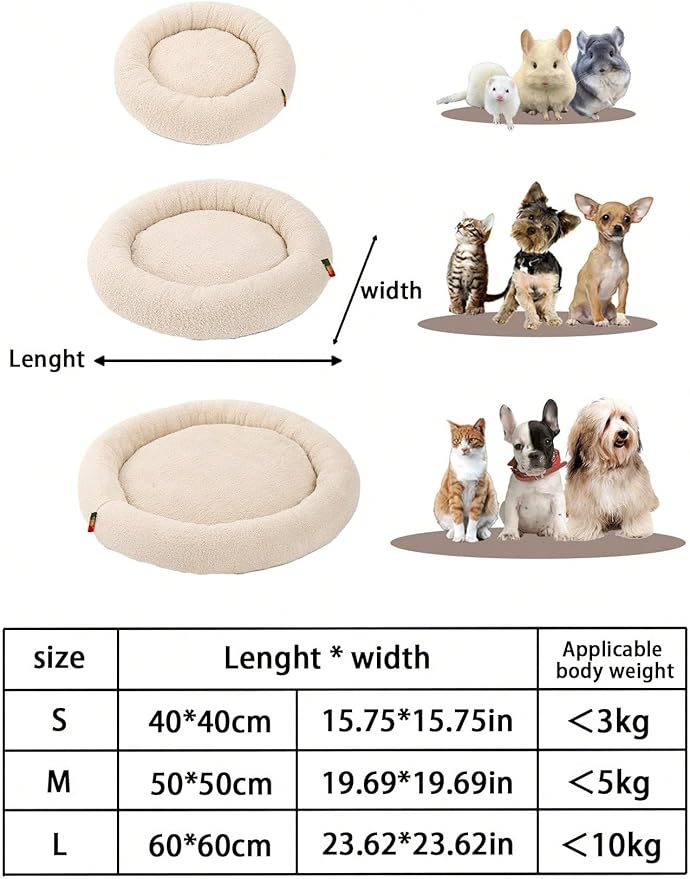 QWINEE Cat and Dog Cushion Bed Mat Plush Puppy Kitten Beds Round Bed Anti-Slip Pet Sleeping Bed for Small Medium Dog Cat Kitten Beige S