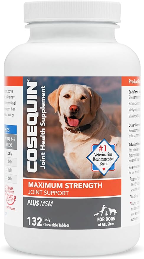Nutramax Laboratories Cosequin Maximum Strength Joint Health Supplement for Dogs - With Glucosamine, Chondroitin, and MSM, 132 Chewable Tablets